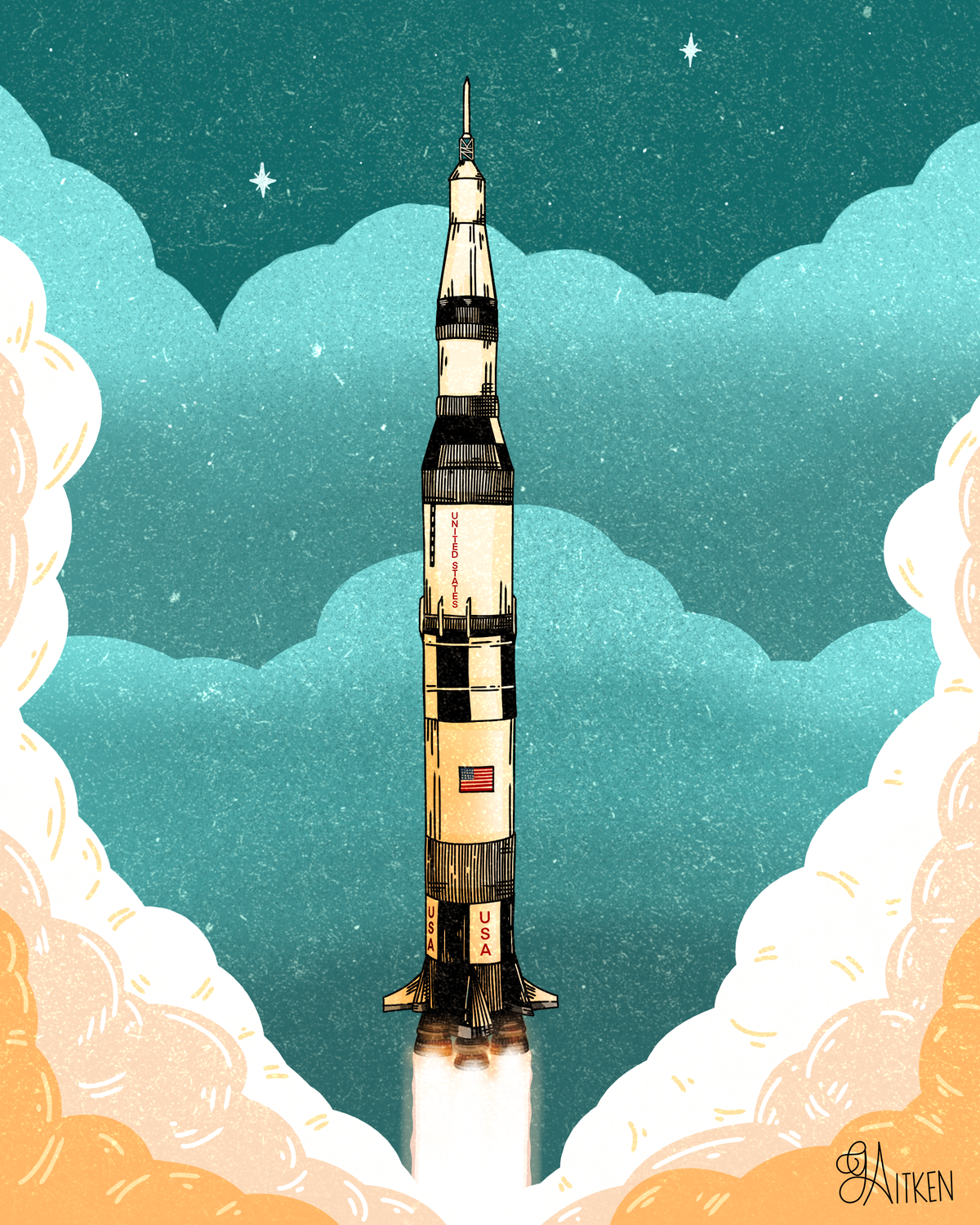 Saturn V rocket launching through clouds against a teal sky, 8x10 art print