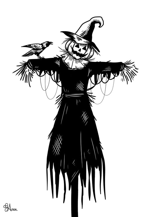 Scarecrow black and white art print, pumpkin-headed scarecrow with a crow on its arm, 5x7