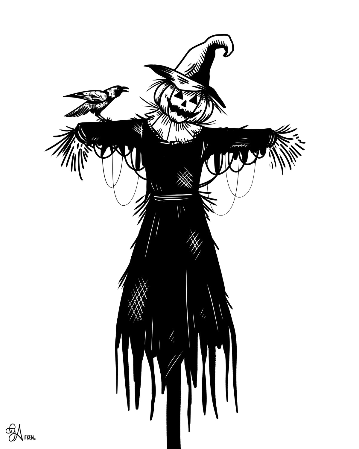 Scarecrow black and white art print, pumpkin-headed scarecrow with a crow on its arm, 8x10