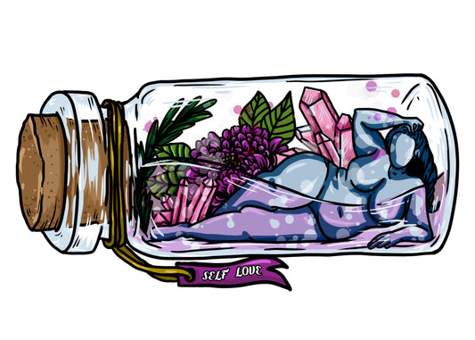 Self Love landscape art print, reclining figure in a bottle with flowers and pink crystals, 5x7