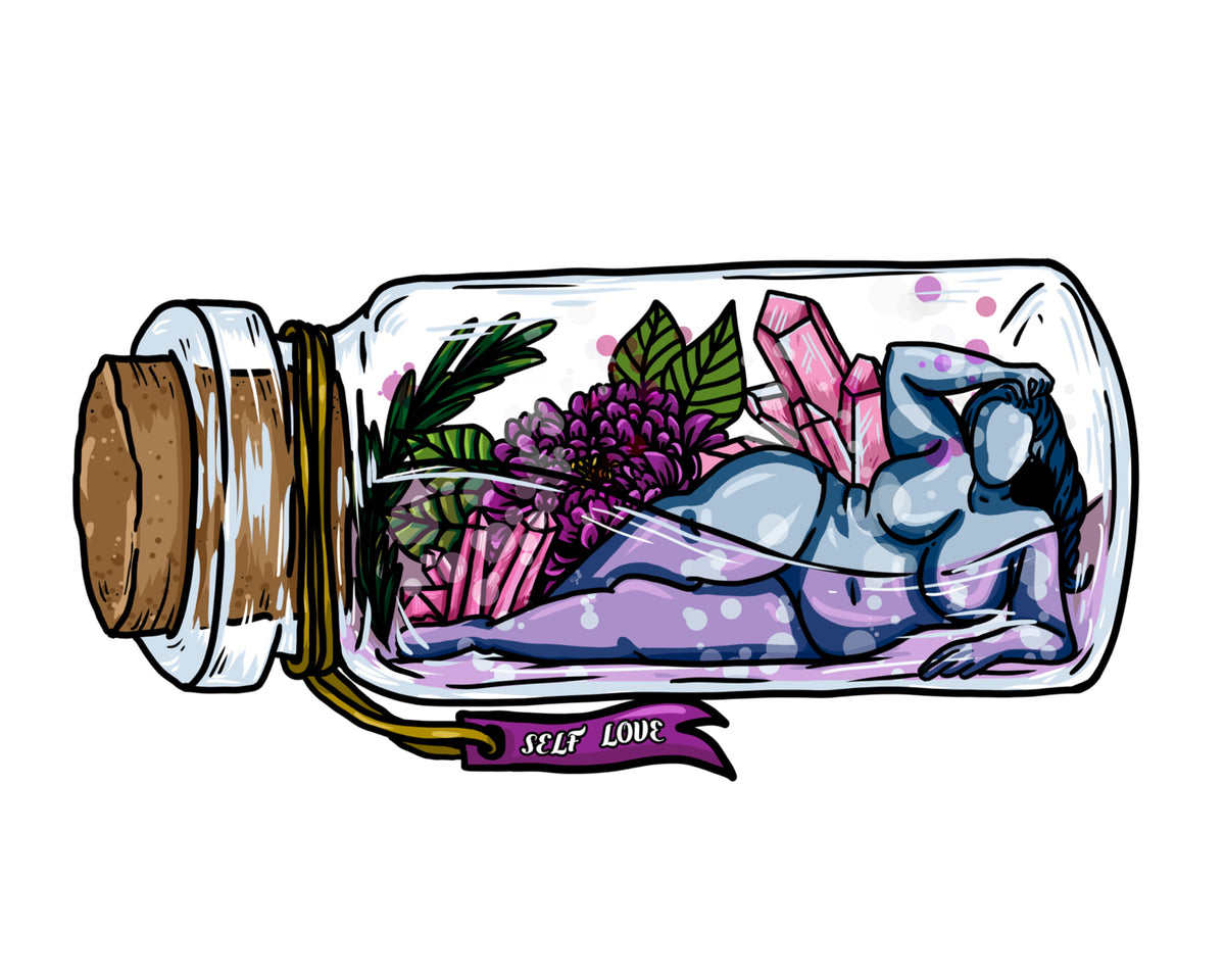 Self Love landscape art print, reclining figure in a bottle with flowers and pink crystals, 8x10