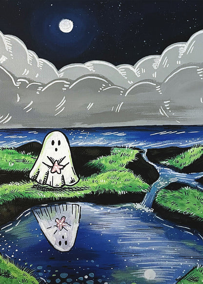 Shallow Shadow art print, ghost holding a starfish beside moonlit tidal pools and its reflection, 5x7