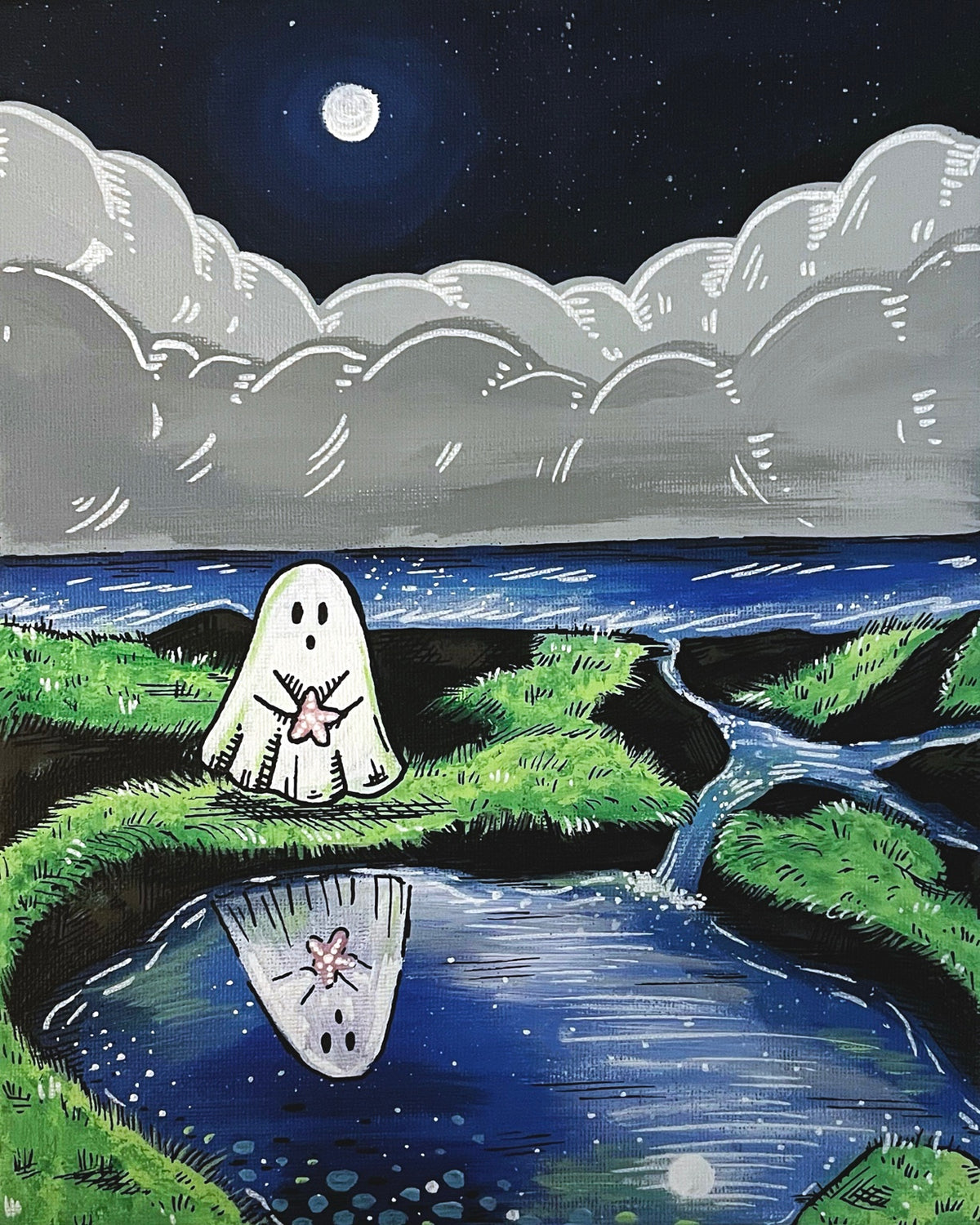 Shallow Shadow art print, ghost holding a starfish beside moonlit tidal pools and its reflection, 8x10