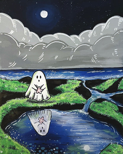Shallow Shadow art print, ghost holding a starfish beside moonlit tidal pools and its reflection, 8x10