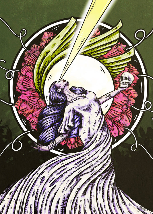 Sibyl art print, mystical figure holding a skull surrounded by flowers and leaves with light streaming from her eyes, 5x7