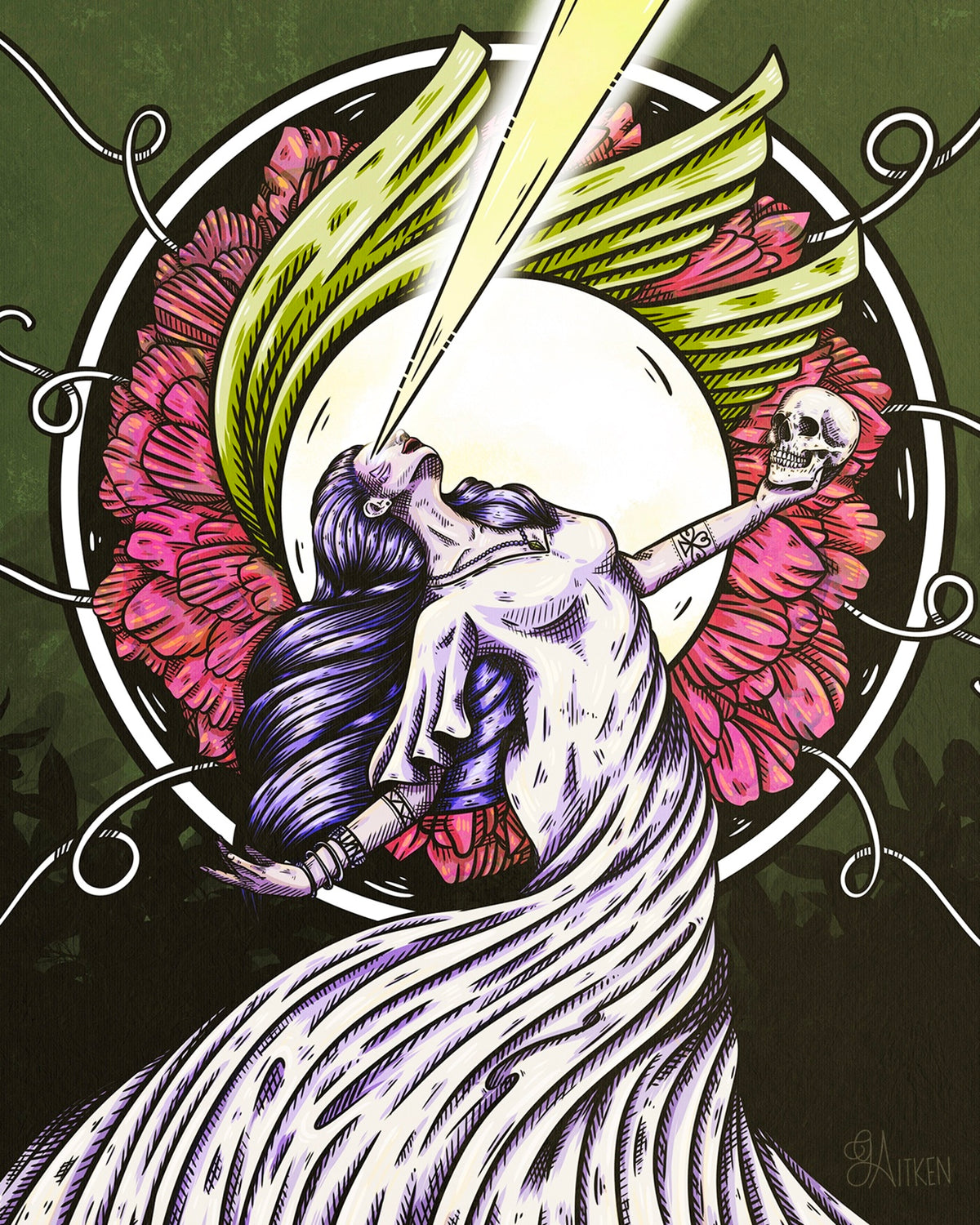 Sibyl art print, mystical figure holding a skull surrounded by flowers and leaves with light streaming from her eyes, 8x10