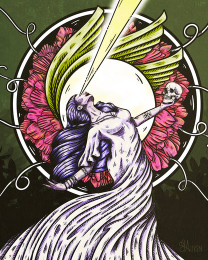 Sibyl art print, mystical figure holding a skull surrounded by flowers and leaves with light streaming from her eyes, 8x10