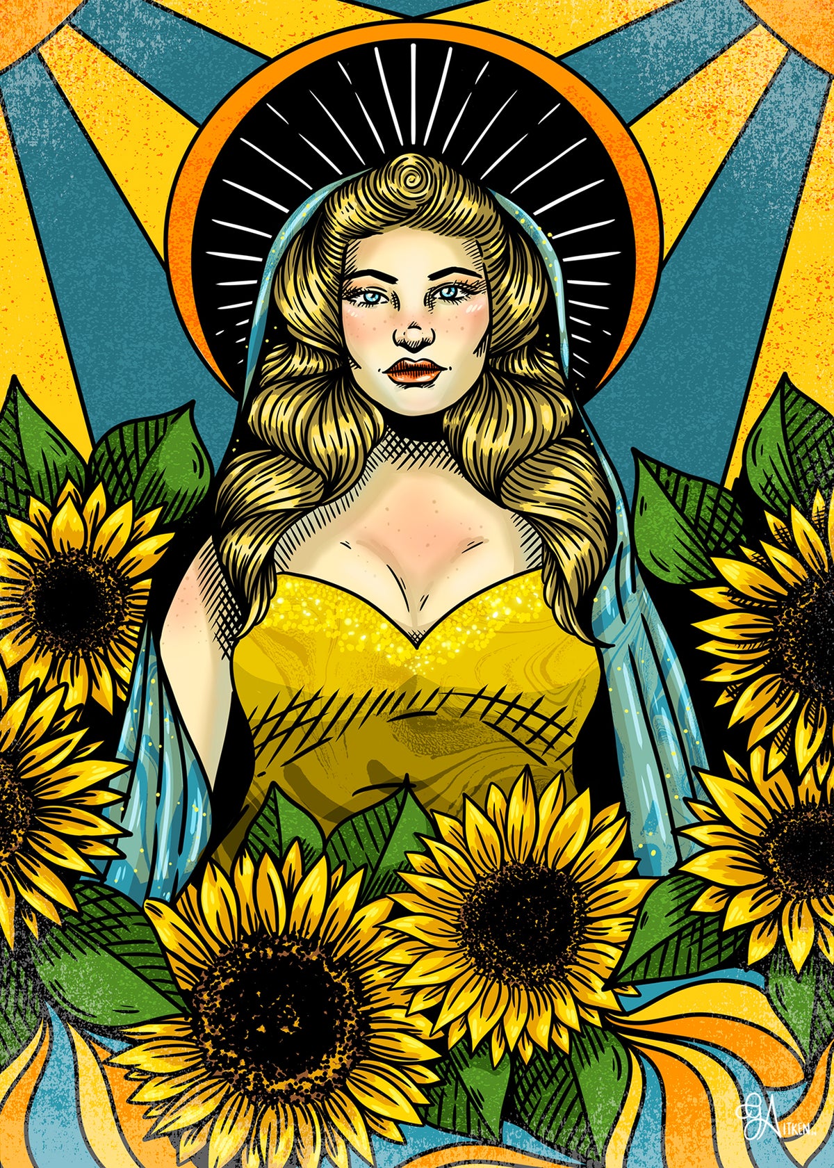 Solar art print, golden-haired figure surrounded by sunflowers with a radiant halo, 5x7