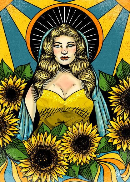 Solar art print, golden-haired figure surrounded by sunflowers with a radiant halo, 5x7
