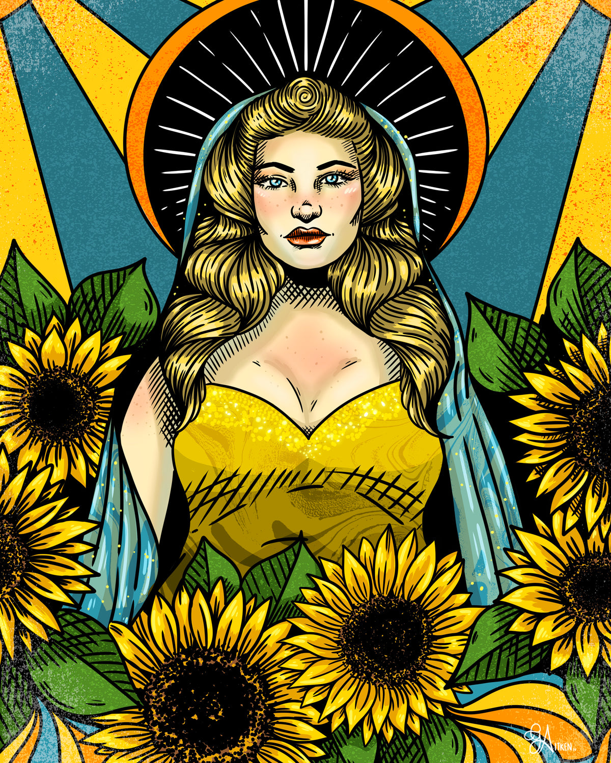 Solar art print, golden-haired figure surrounded by sunflowers with a radiant halo, 8x10