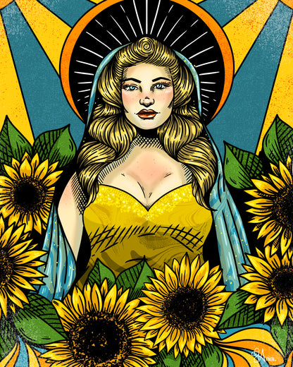 Solar art print, golden-haired figure surrounded by sunflowers with a radiant halo, 8x10