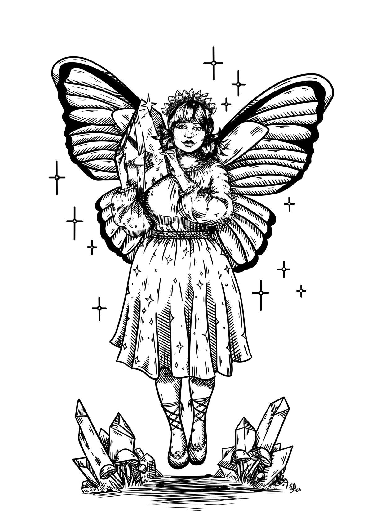 Sparkle black and white art print, winged fairy holding a crystal above mushrooms and crystals, 5x7