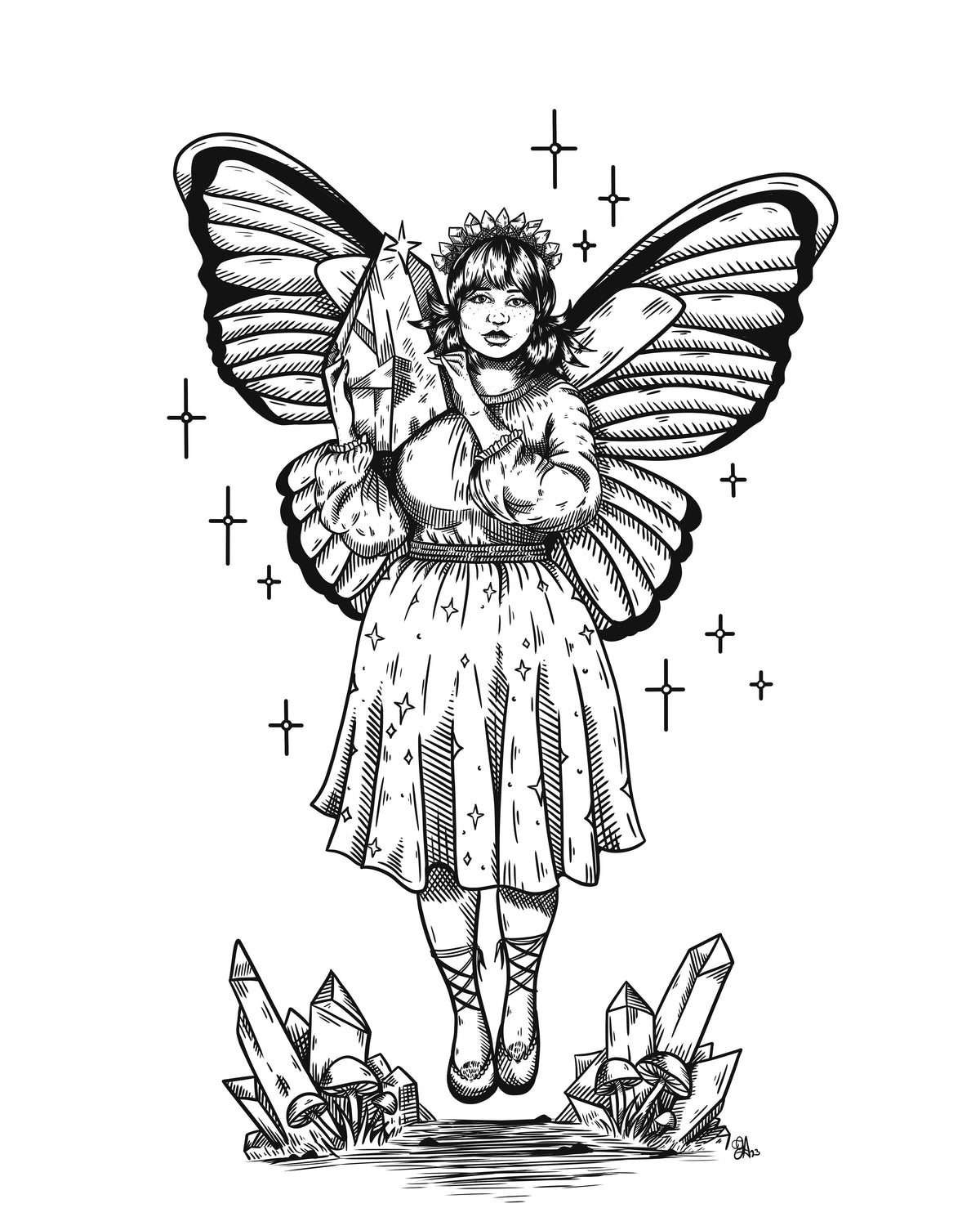 Sparkle black and white art print, winged fairy holding a crystal above mushrooms and crystals, 8x10