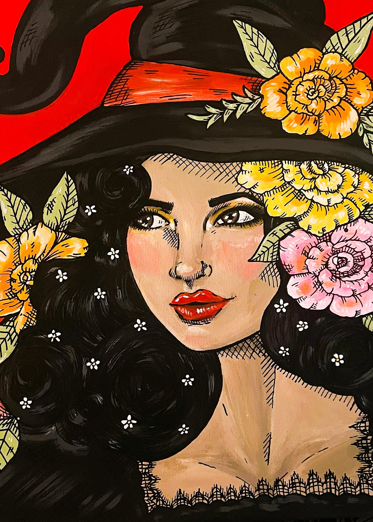 Spellbound 5x7 art print featuring a dark-haired witch wearing a black pointed hat surrounded by yellow and pink flowers on red