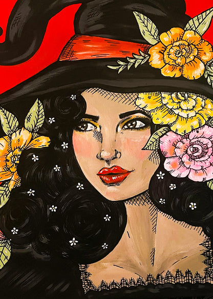 Spellbound 5x7 art print featuring a dark-haired witch wearing a black pointed hat surrounded by yellow and pink flowers on red