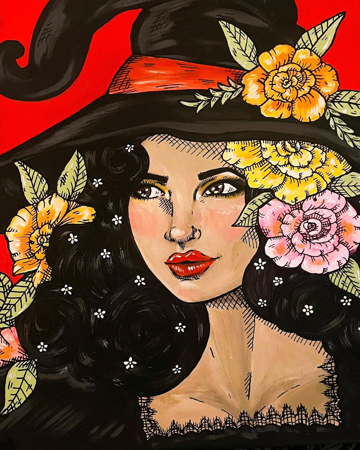 Spellbound 8x10 art print featuring a dark-haired witch wearing a black pointed hat surrounded by yellow and pink flowers on red