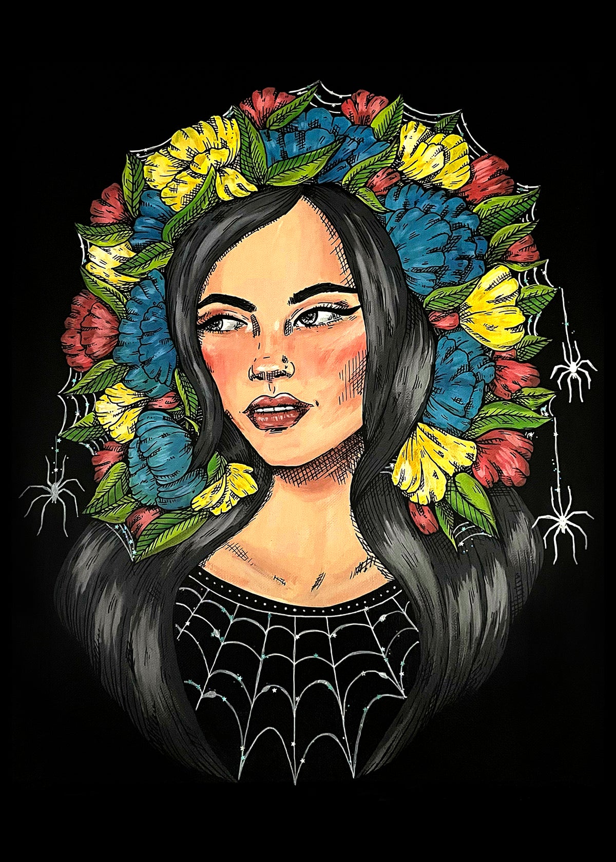 Spiderwebs art print, 5x7, floral portrait with spiders and webs