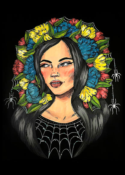 Spiderwebs art print, 5x7, floral portrait with spiders and webs