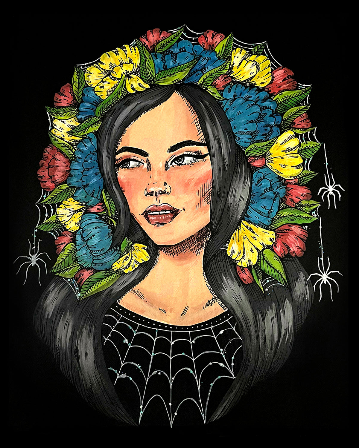Spiderwebs art print, 8x10, floral portrait with spiders and webs