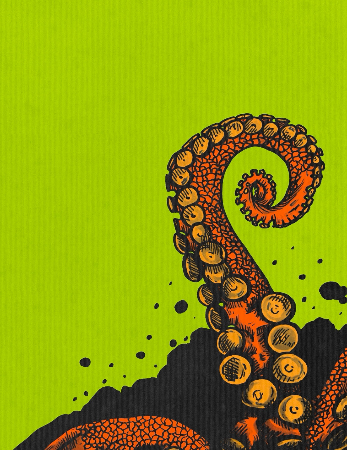 Tentacle art print, 5x7, orange tentacle against a bright green background