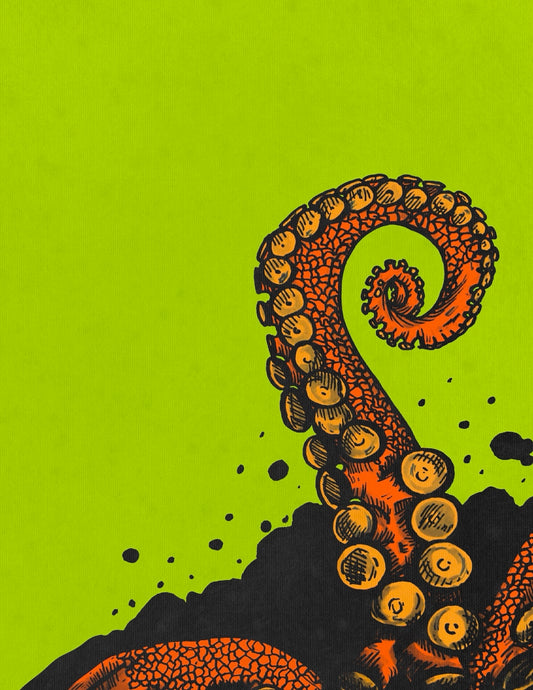 Tentacle art print, 5x7, orange tentacle against a bright green background