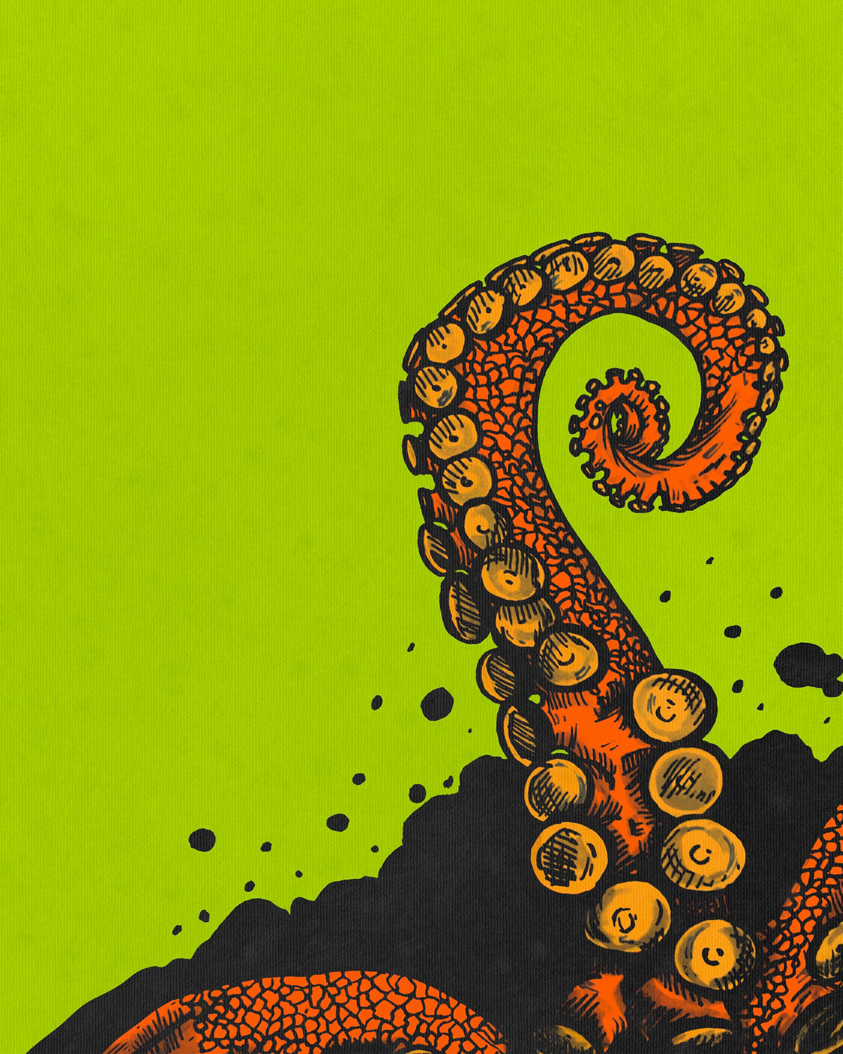 Tentacle art print, 8x10, orange tentacle against a bright green background