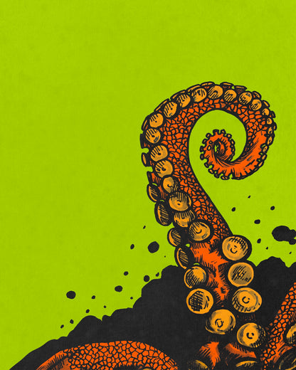 Tentacle art print, 8x10, orange tentacle against a bright green background