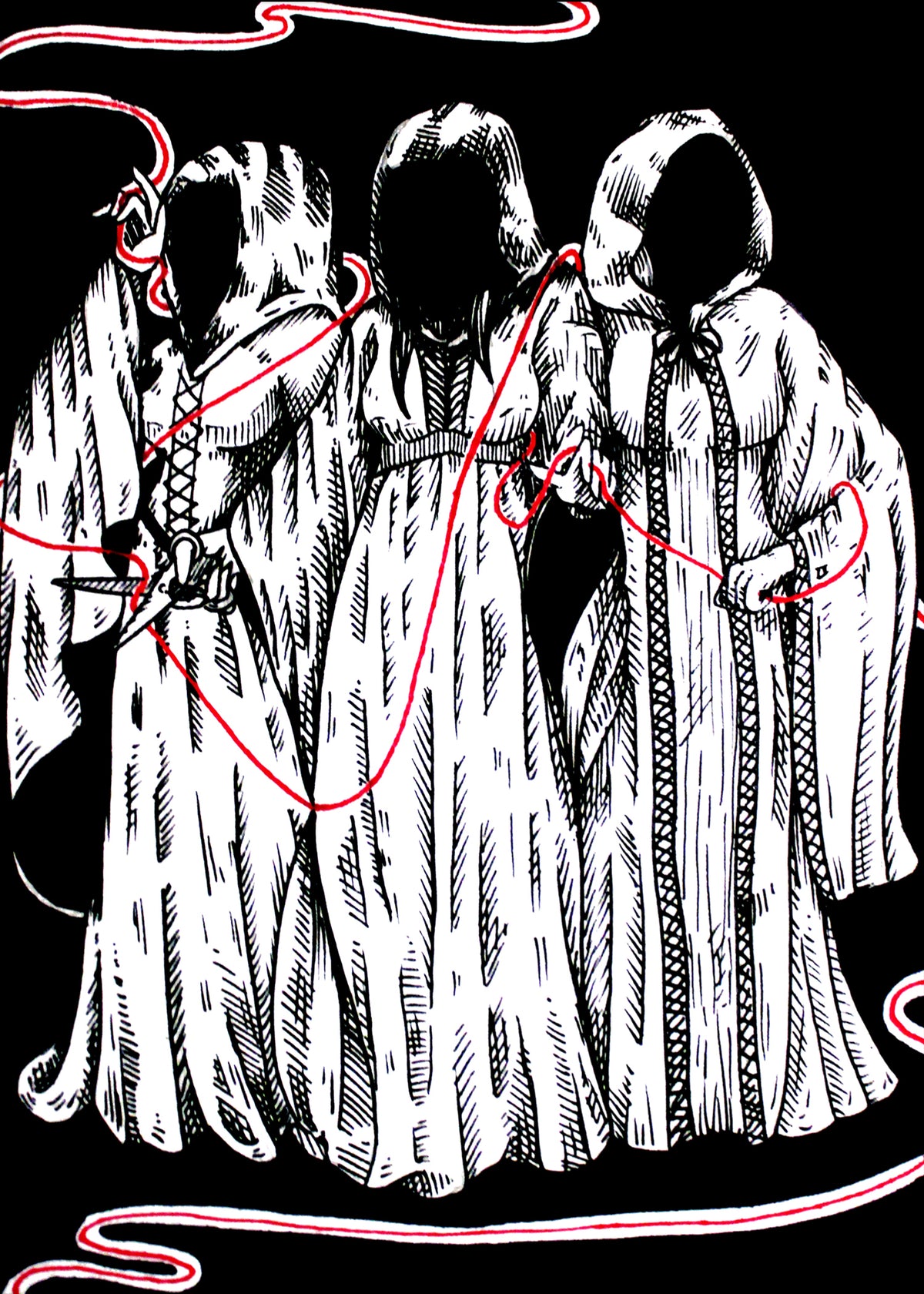 The Fates art print, 5x7, three hooded figures holding a red thread