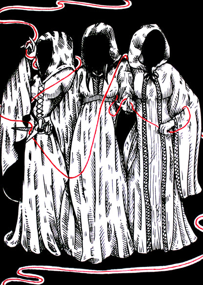 The Fates art print, 5x7, three hooded figures holding a red thread