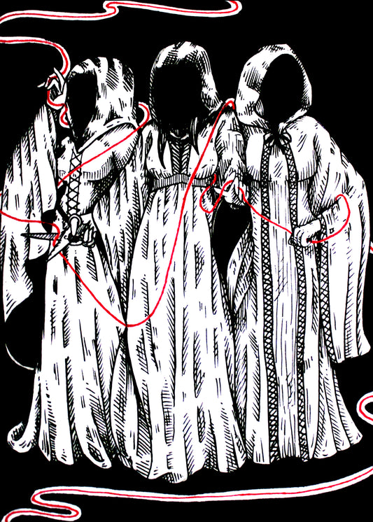 The Fates art print, 5x7, three hooded figures holding a red thread
