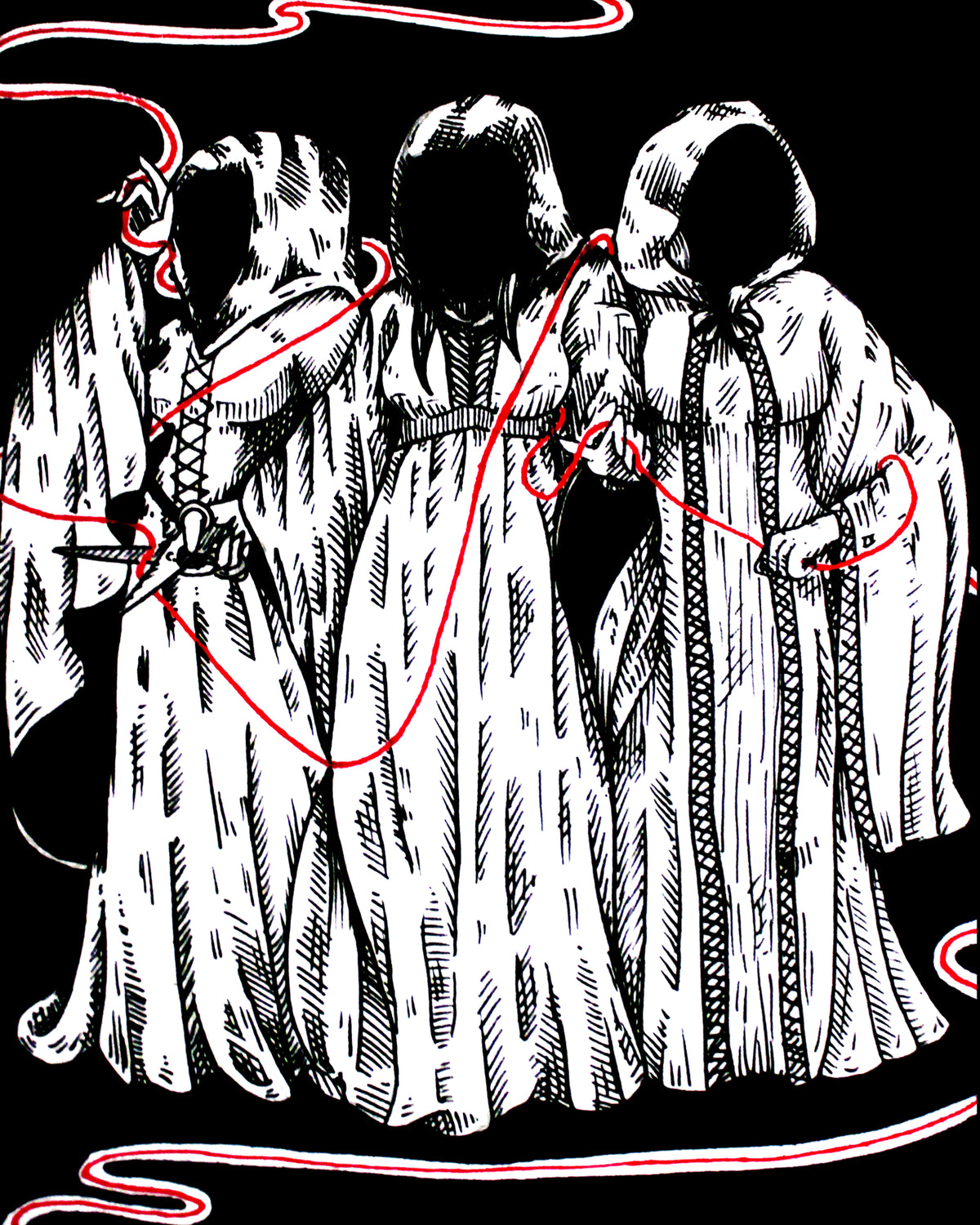 The Fates art print, 8x10, three hooded figures holding a red thread