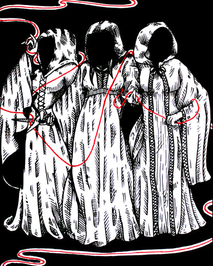 The Fates art print, 8x10, three hooded figures holding a red thread