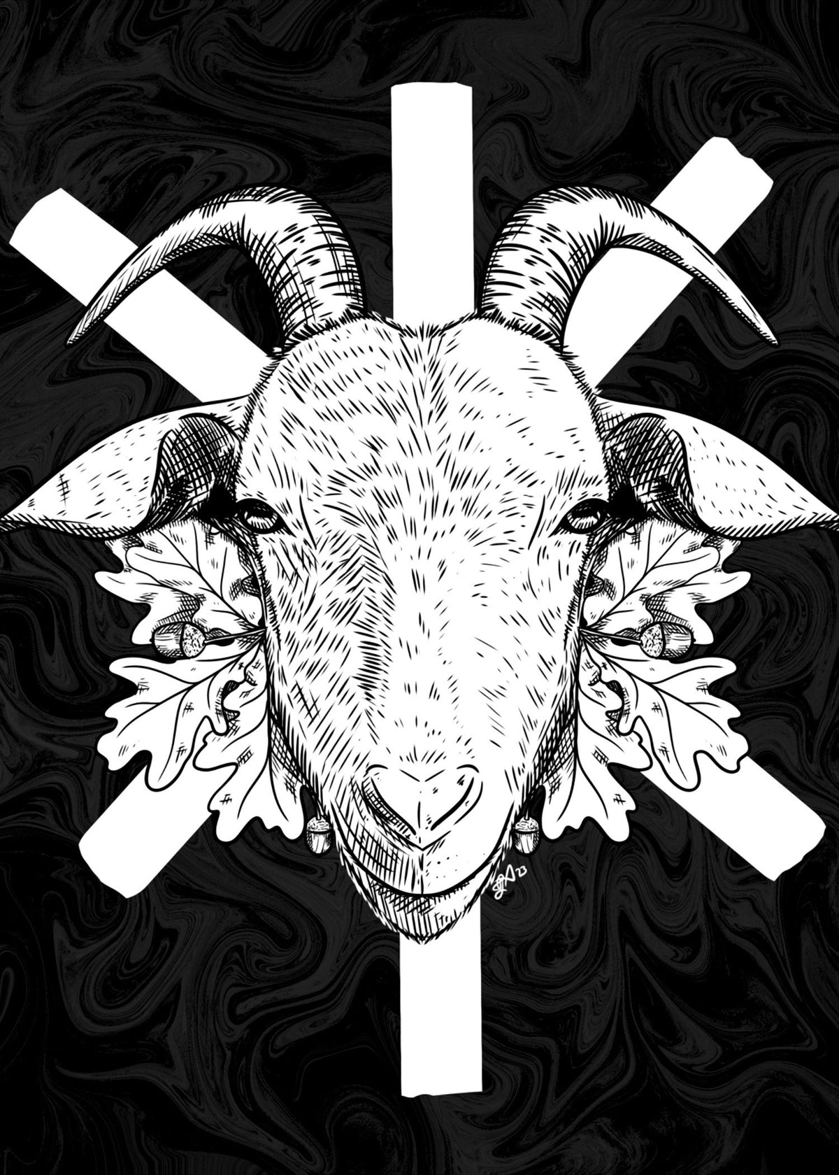 Thor’s Goat art print, 5x7, black and white goat with oak leaves and acorns
