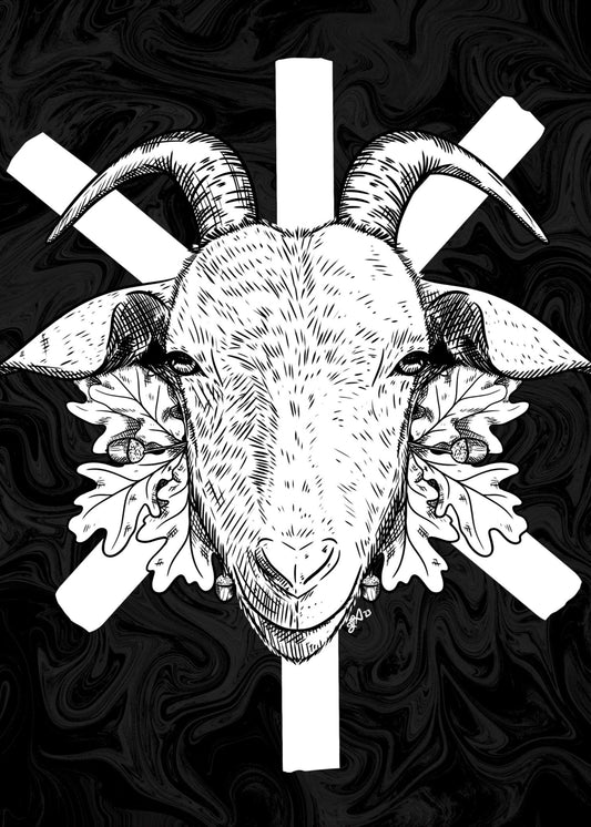 Thor’s Goat art print, 5x7, black and white goat with oak leaves and acorns