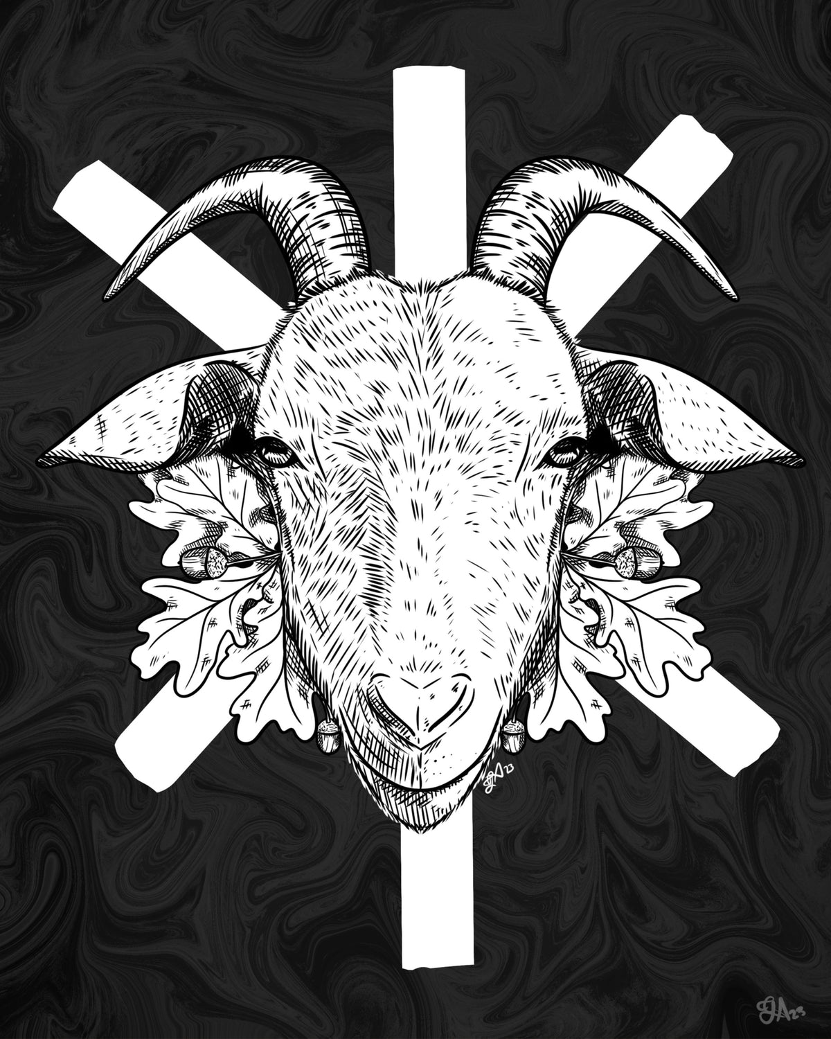 Thor’s Goat art print, 8x10, black and white goat with oak leaves and acorns