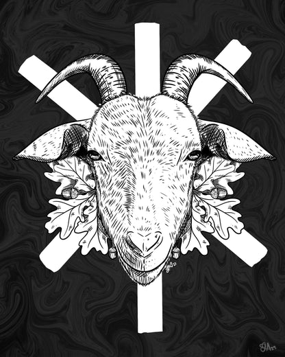 Thor’s Goat art print, 8x10, black and white goat with oak leaves and acorns