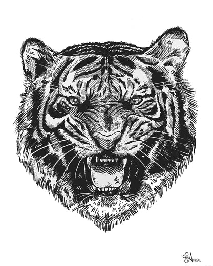 Tiger art print, 8x10, black and white pen portrait of a snarling tiger