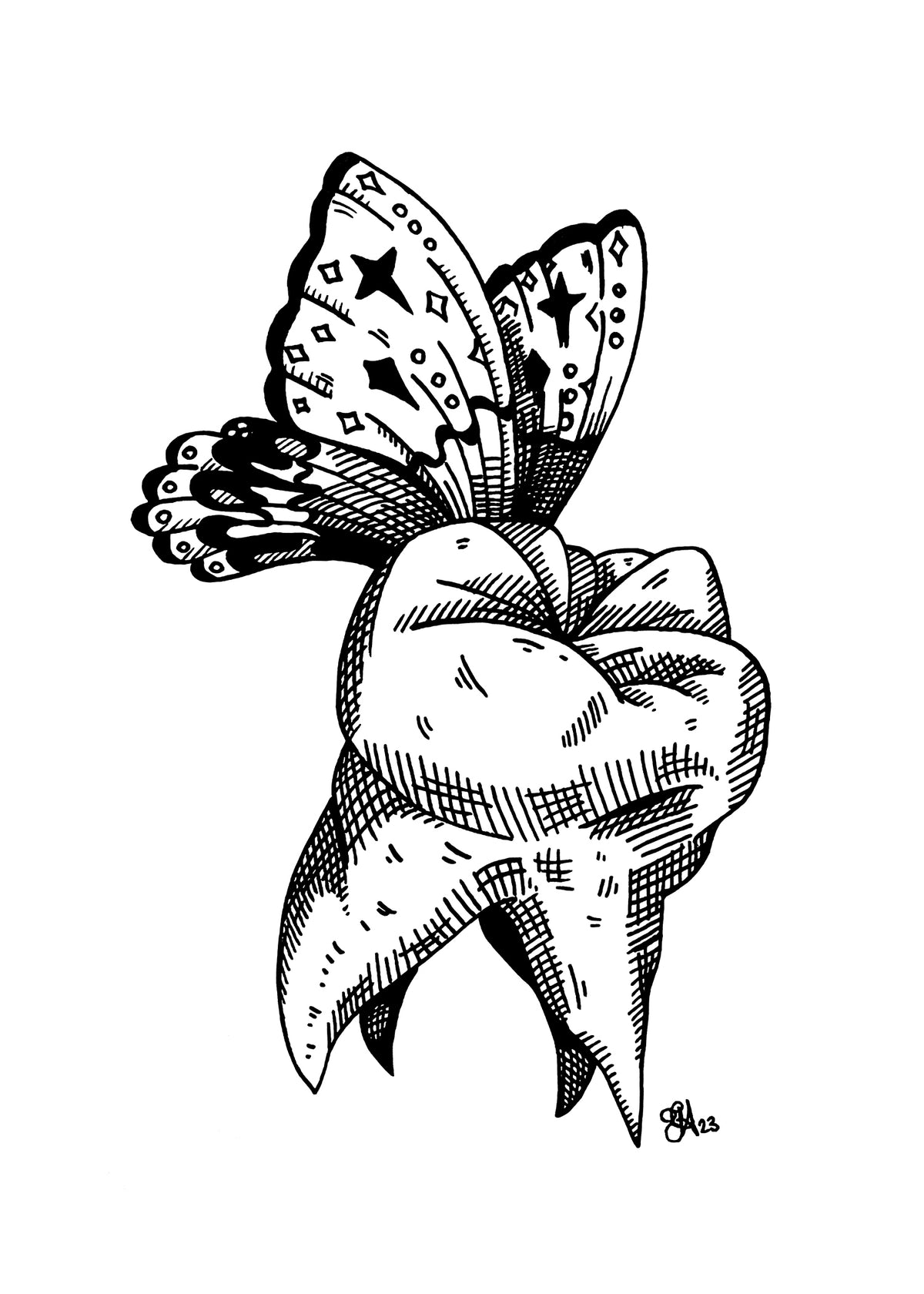 Tooth Fairy art print, 5x7, black and white tooth with patterned butterfly wings
