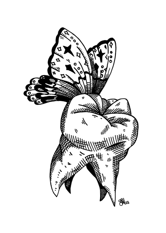 Tooth Fairy art print, 5x7, black and white tooth with patterned butterfly wings