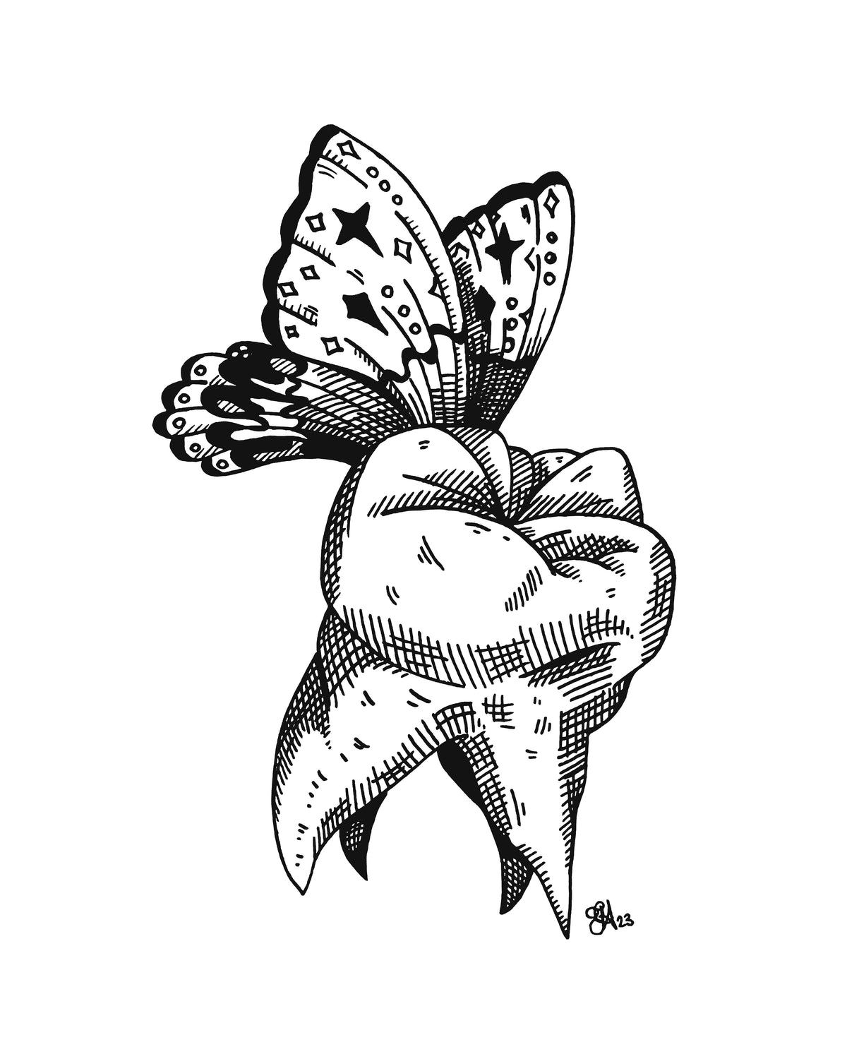 Tooth Fairy art print, 8x10, black and white tooth with patterned butterfly wings