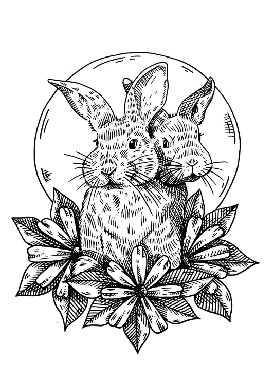Two Heads art print, 5x7, black and white two-headed rabbit surrounded by flowers and leaves