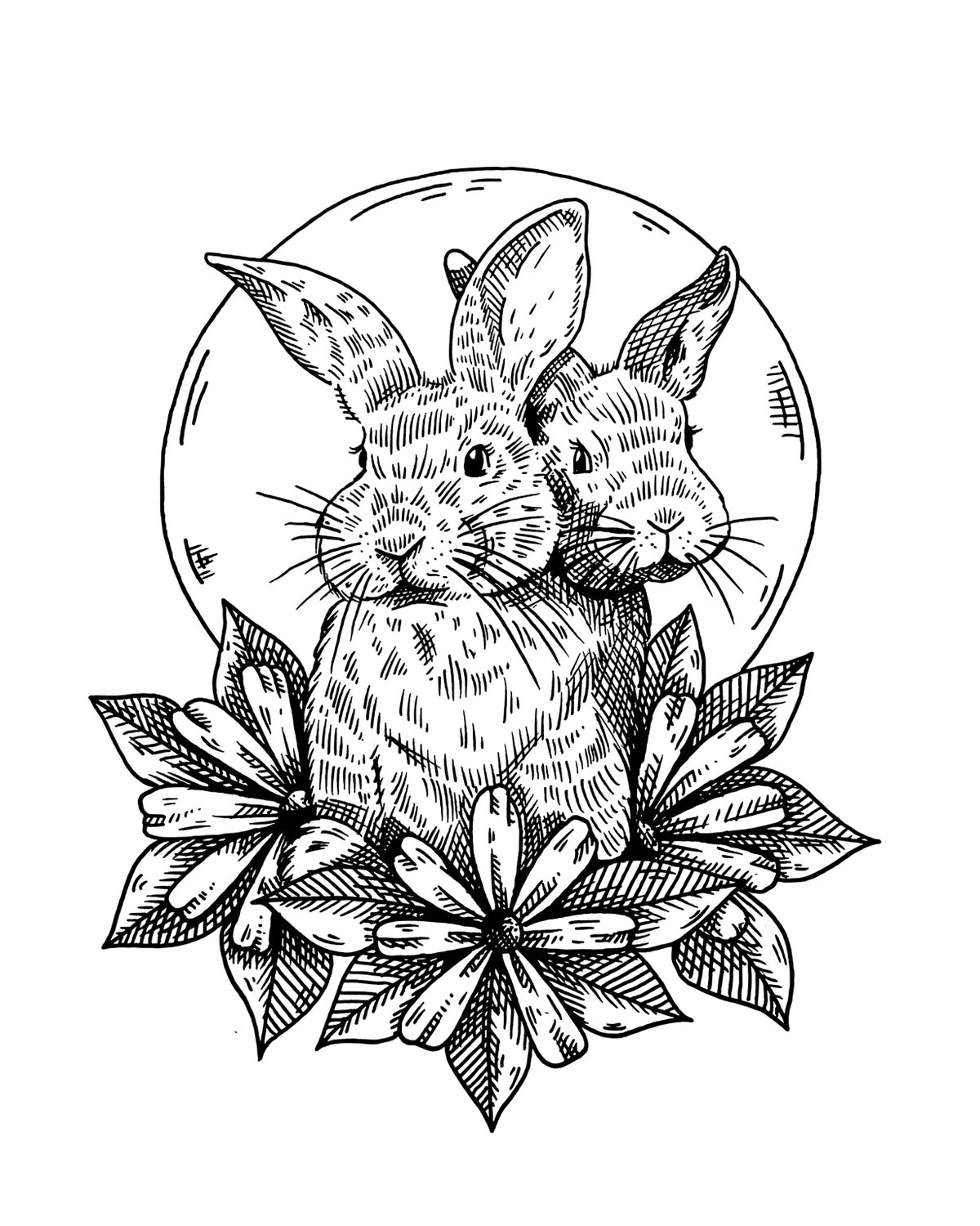 Two Heads art print, 8x10, black and white two-headed rabbit surrounded by flowers and leaves