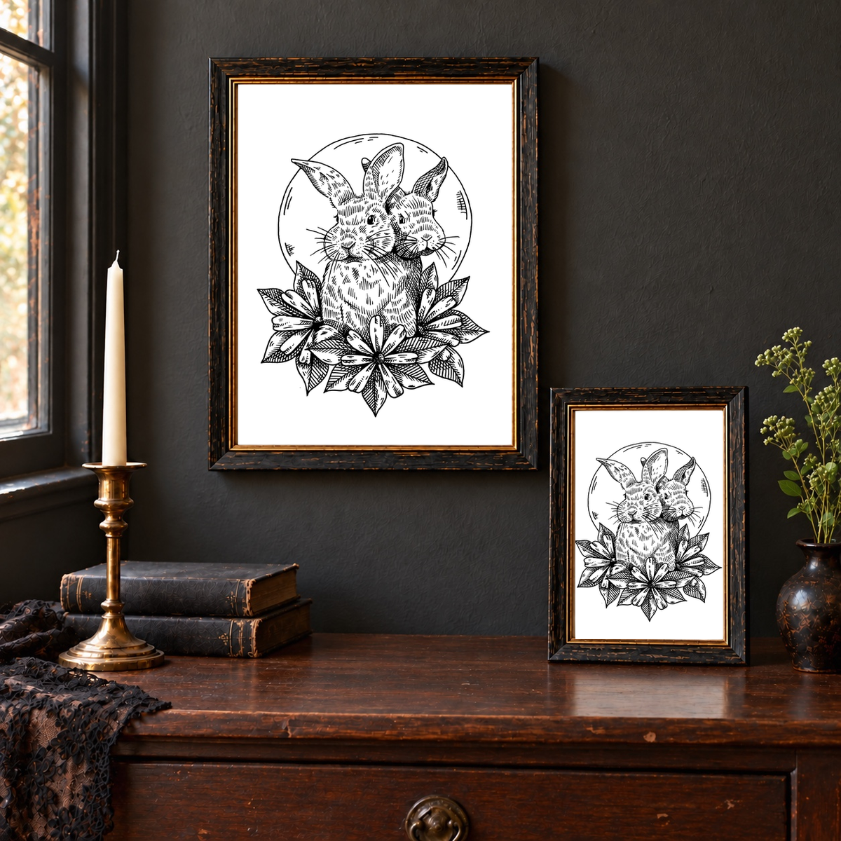 Two Heads art prints displayed in 8x10 wall and 5x7 tabletop frames