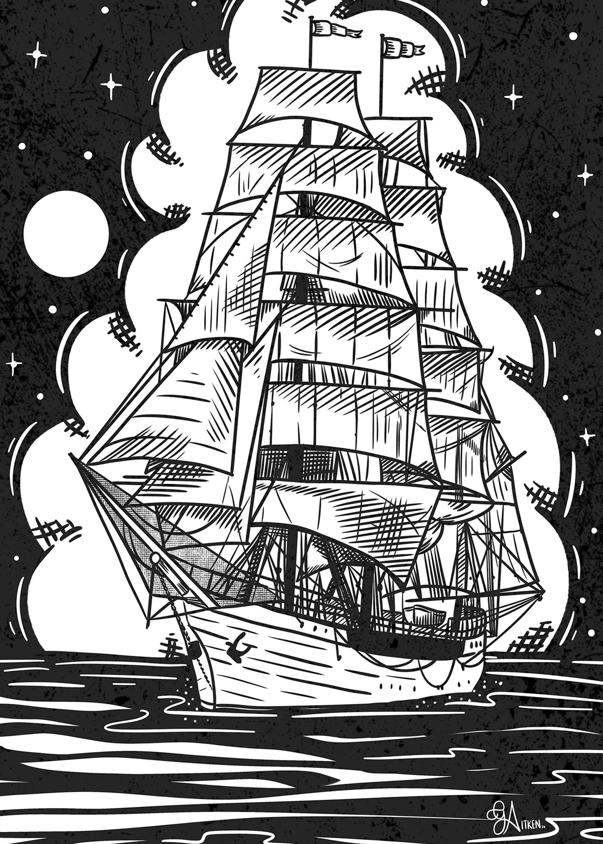 Uncharted art print, 5x7, black and white sailing ship beneath a moon and stars