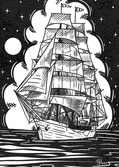 Uncharted art print, 5x7, black and white sailing ship beneath a moon and stars