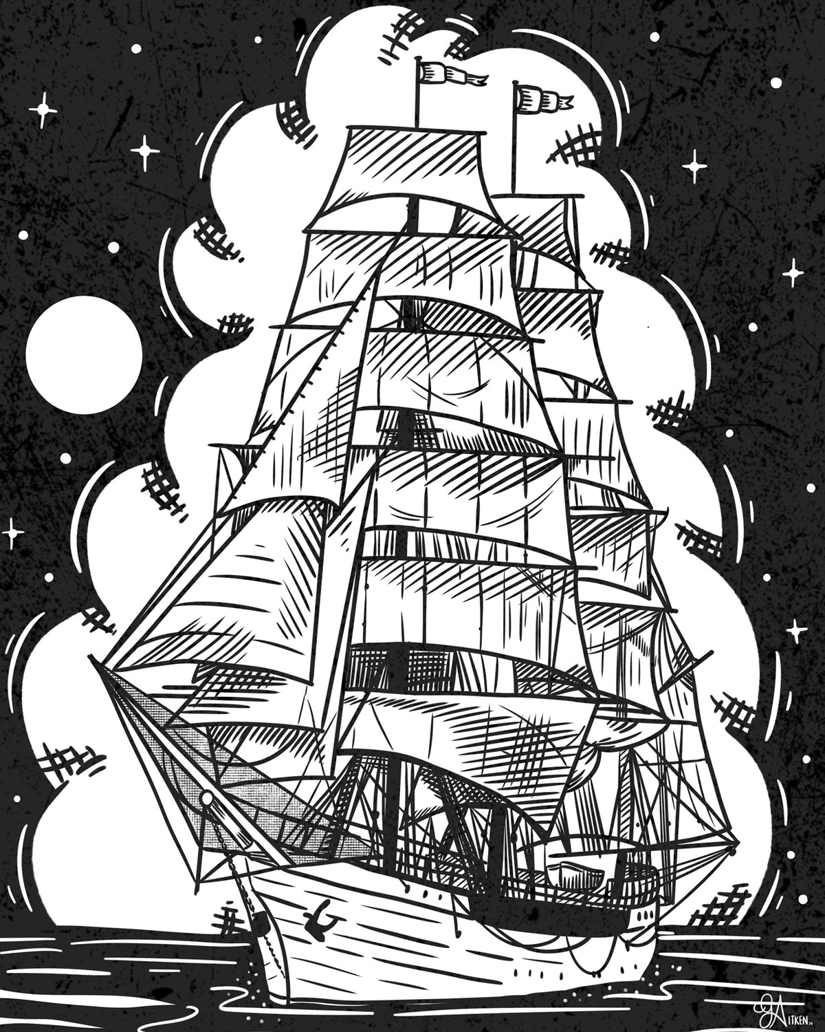 Uncharted art print, 8x10, black and white sailing ship beneath a moon and stars