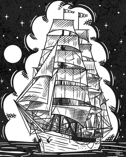 Uncharted art print, 8x10, black and white sailing ship beneath a moon and stars