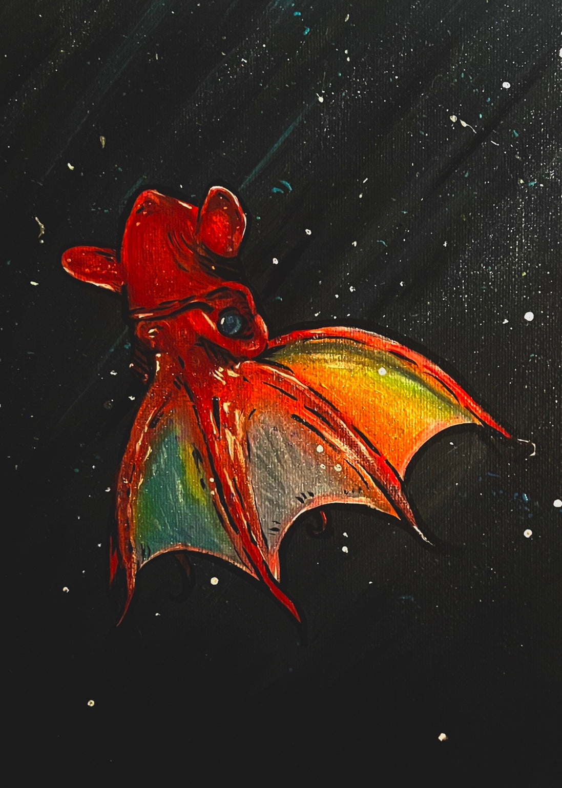 Vampire Squid art print, 5x7, red and orange squid against a dark ocean background