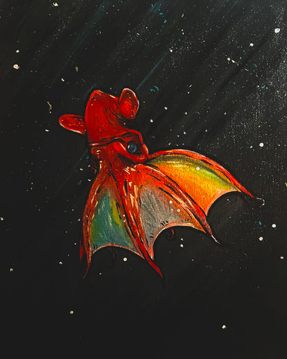 Vampire Squid art print, 8x10, red and orange squid against a dark ocean background