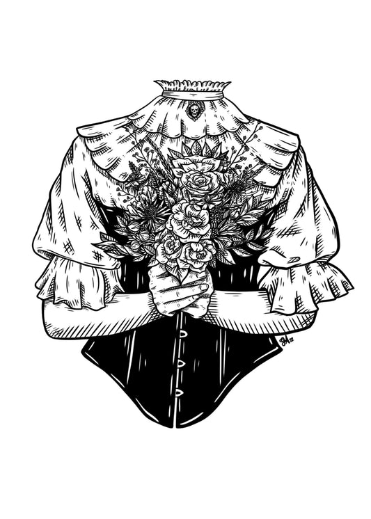 Victoria art print, 5x7, black and white headless Victorian figure holding a floral bouquet